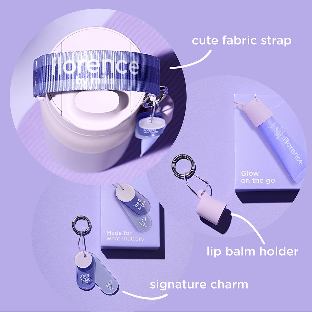 Botella «florence by mills x BRITA LARQ» sobre fondo morado con accesorios.