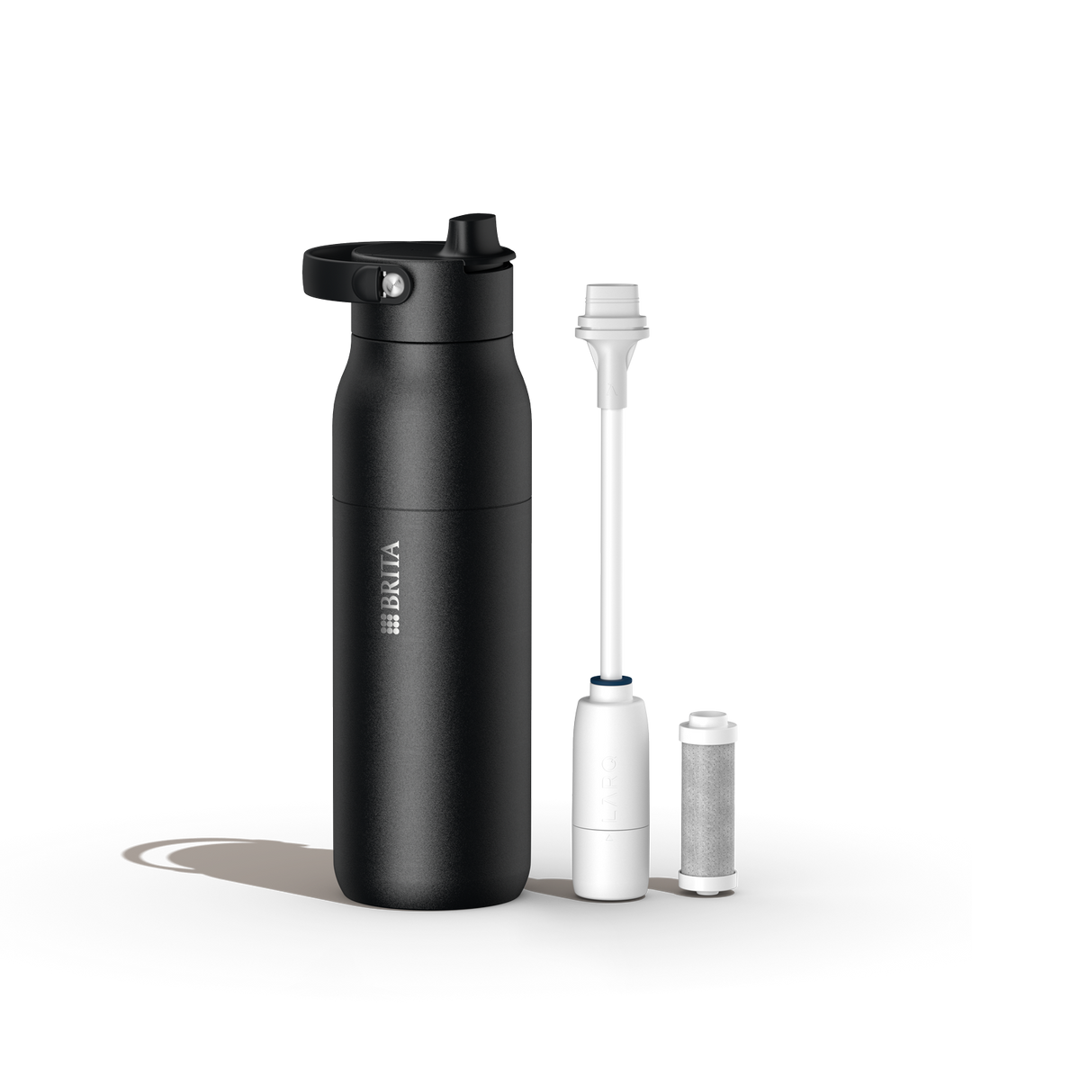 Black BRITA LARQ Filter Bottle in large size with filter components displayed separately.