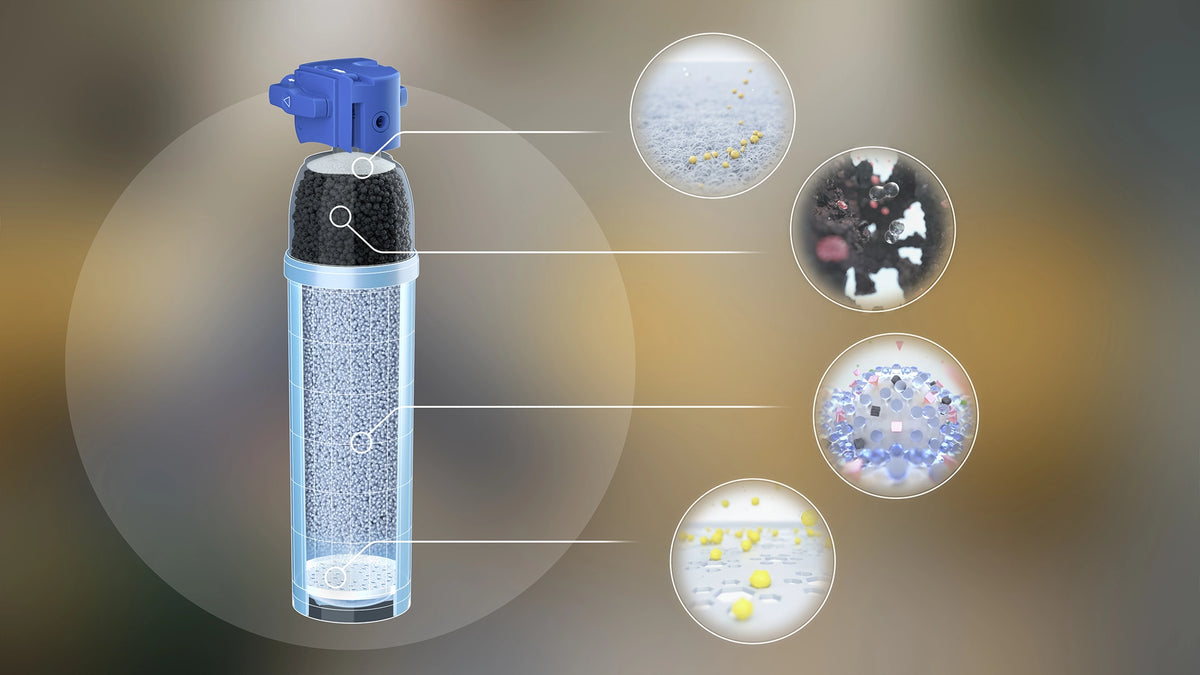 Cargar vídeo: Under-sink water filter cartridge shown from different views