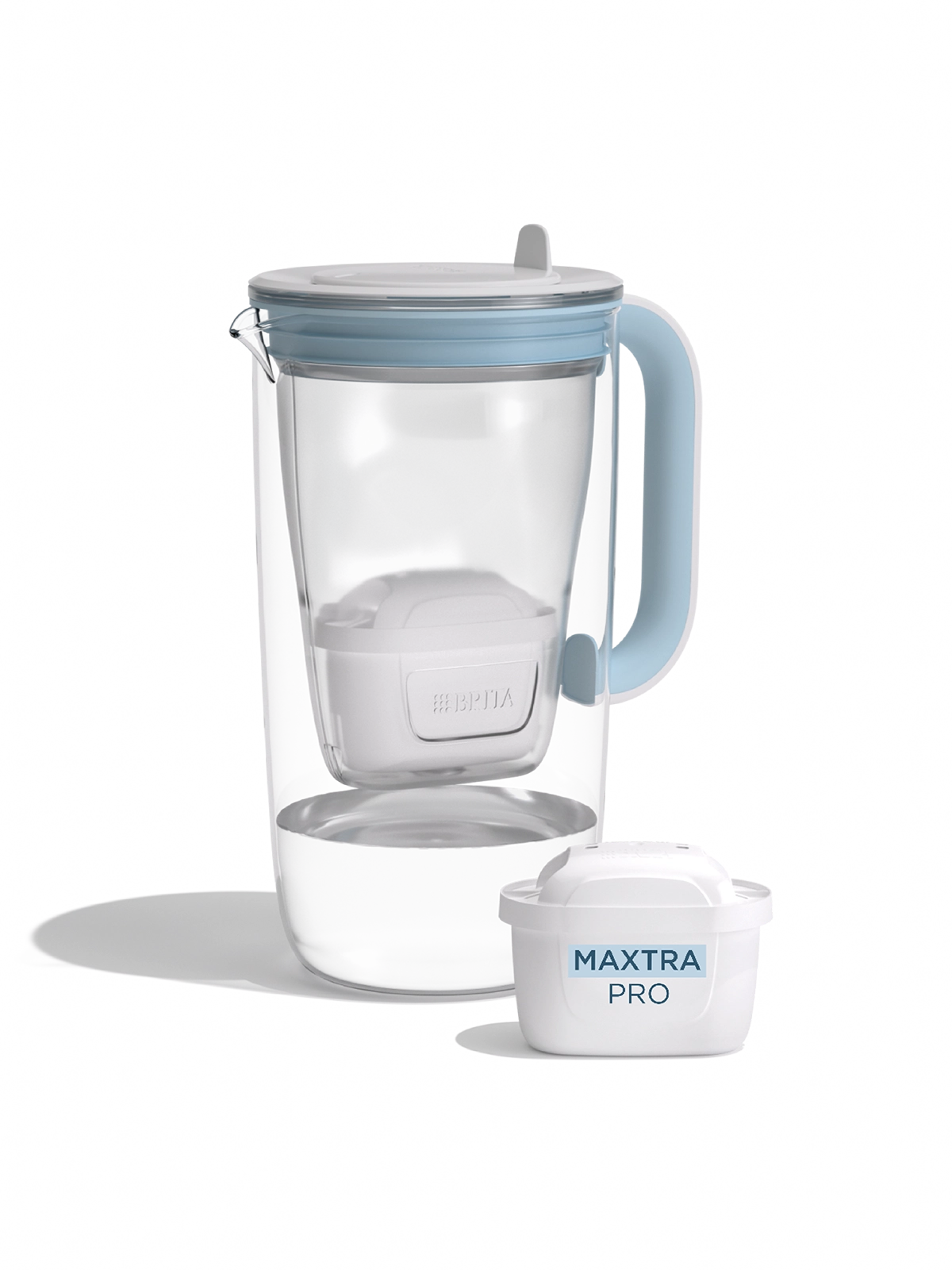 A water filter glass jug in blue on a white background
