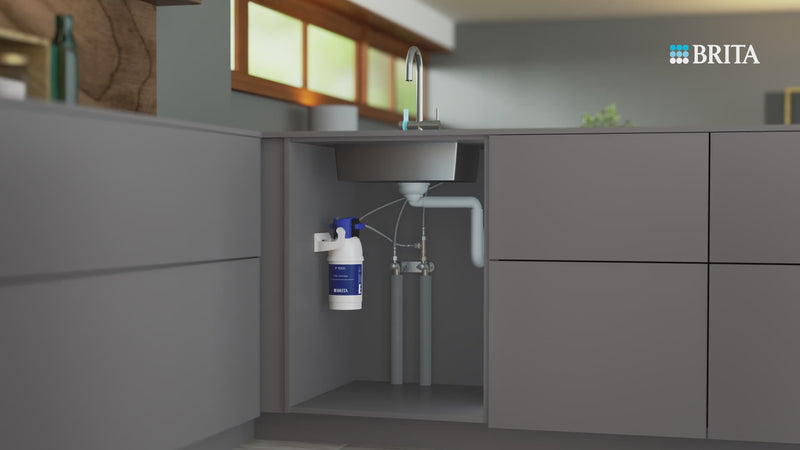 Under-sink water filter cartridge shown from different views