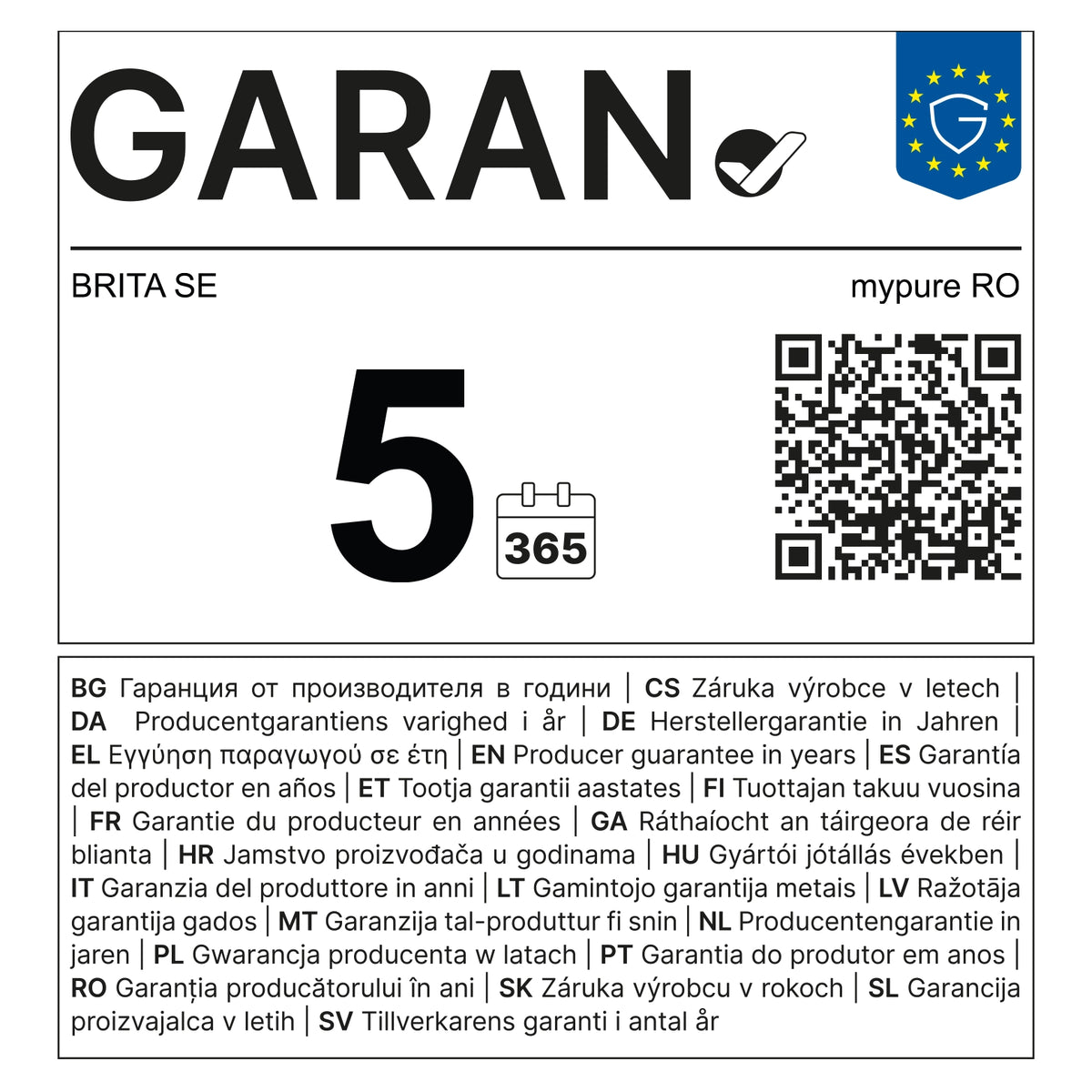 Label for Product garantee BRITA mypure RO